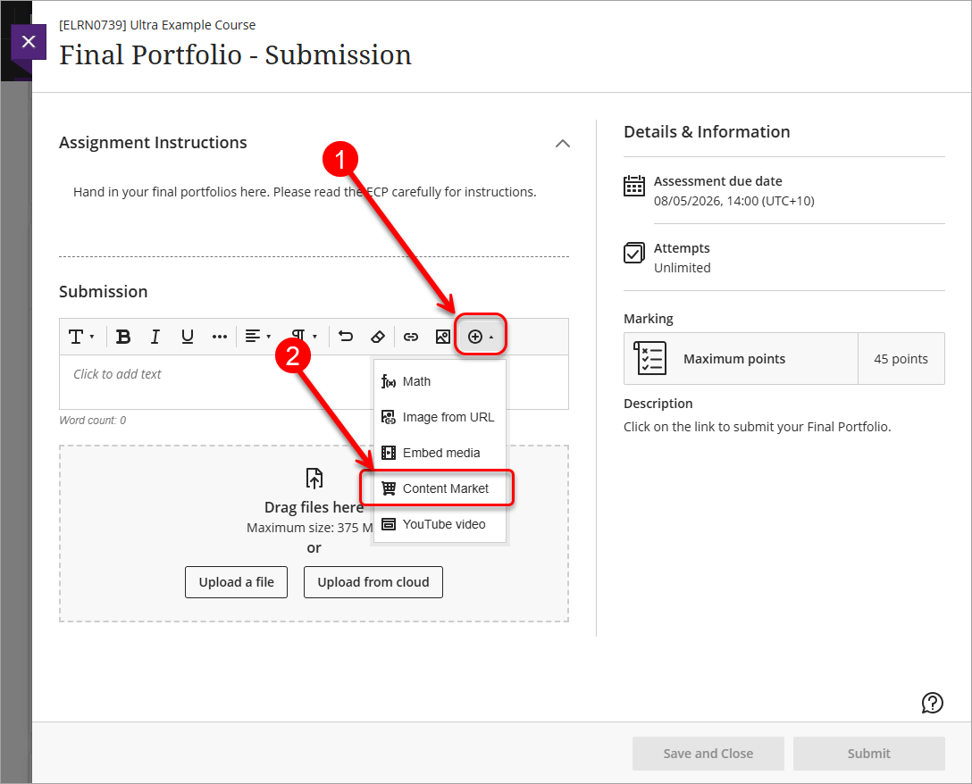Insert content button and content market circled