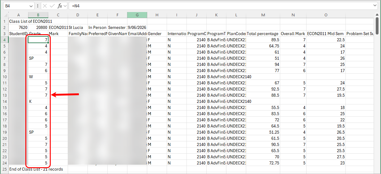 Formula copied down column B