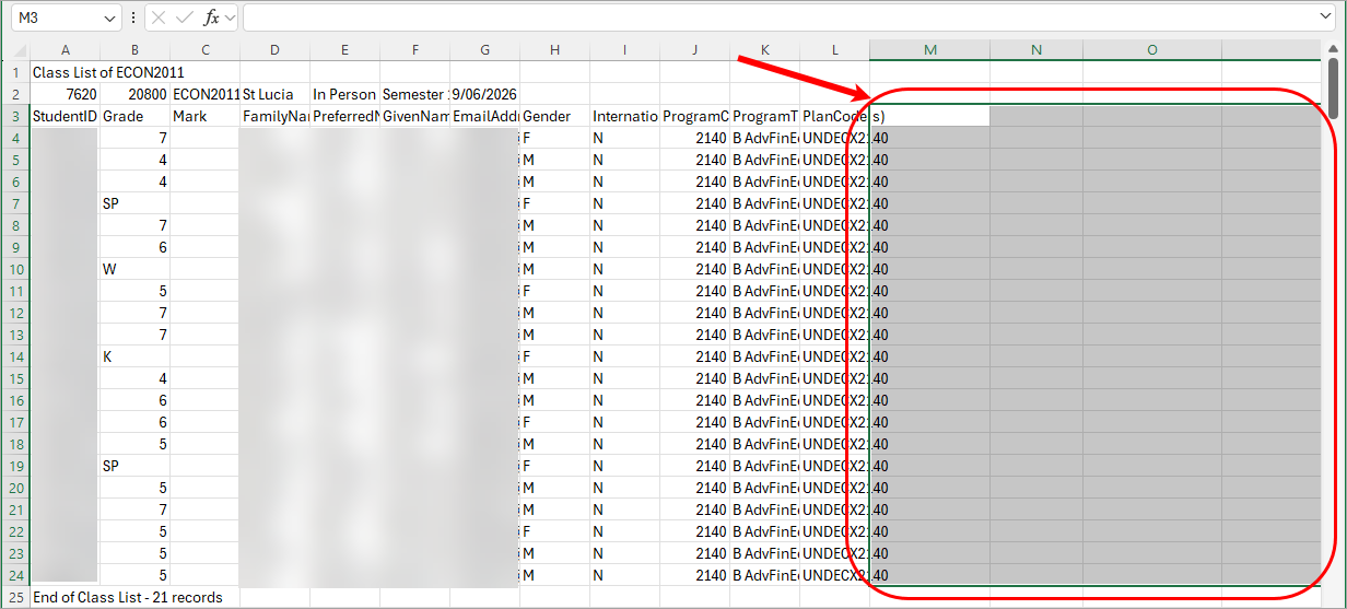 Deleted columns circled