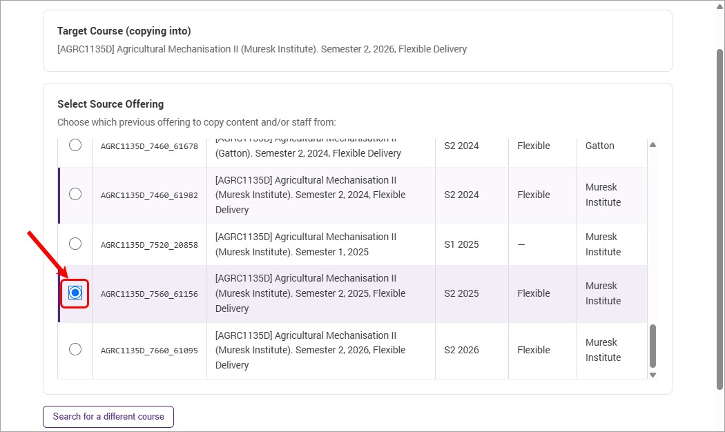 Radio button circled in the Select Source Offering list