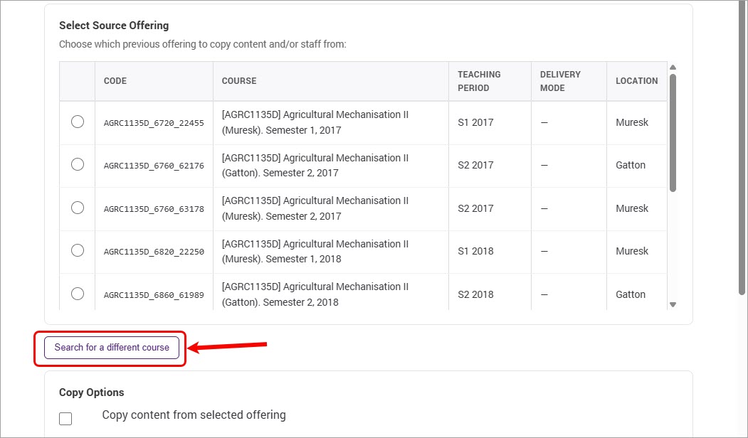 Search for a different course button circled