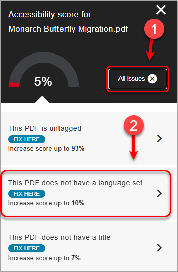 This PDF does not have a language set is highlighted
