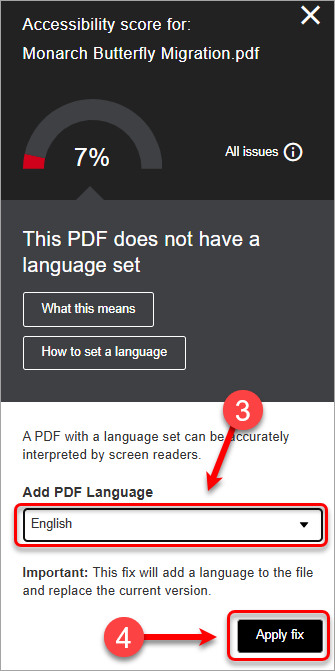 language dropdown list and apply fix button are higlighted