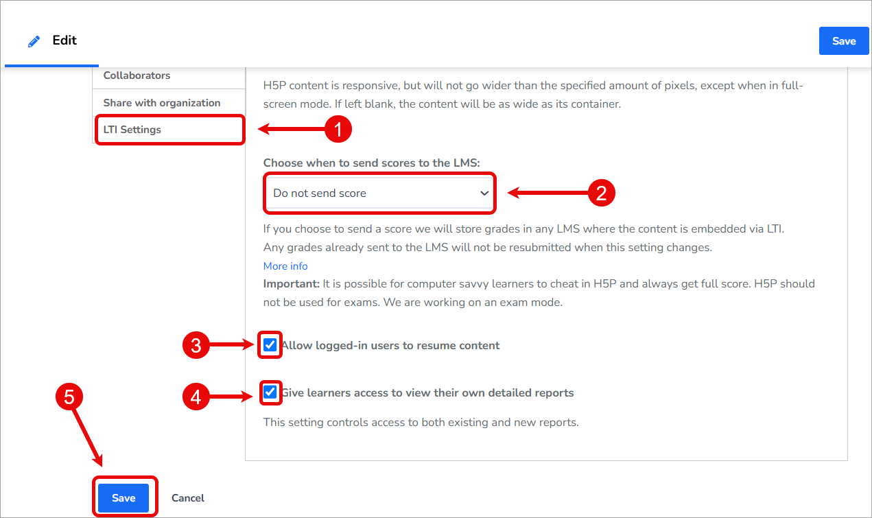 LTI settings highlighted