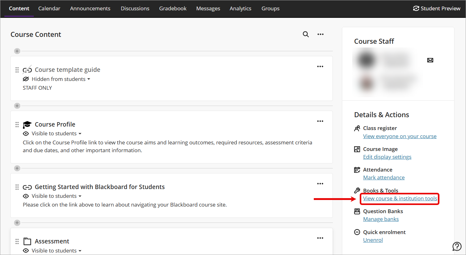 View course & institution tools link highlighted in details and actions panel