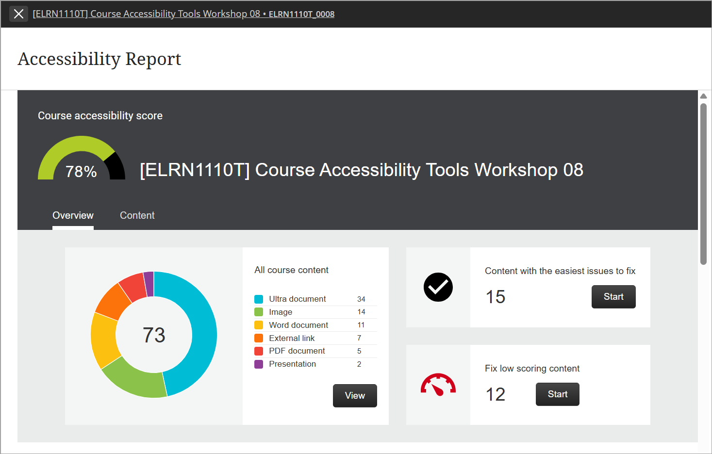 course accessibility overview section in the course accessibility report