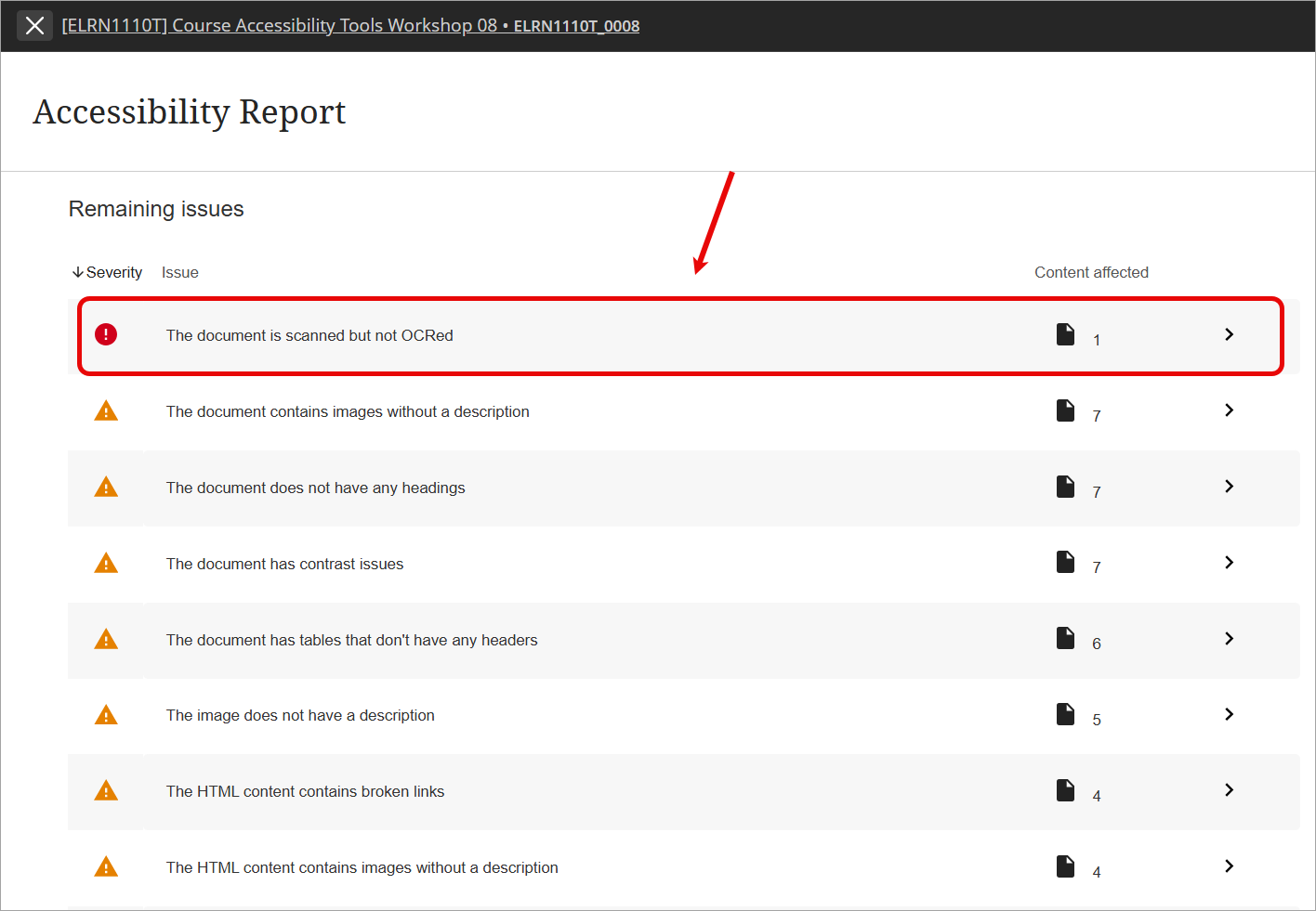 accessibility issue highlighted in remaining issues section of course accessibility report