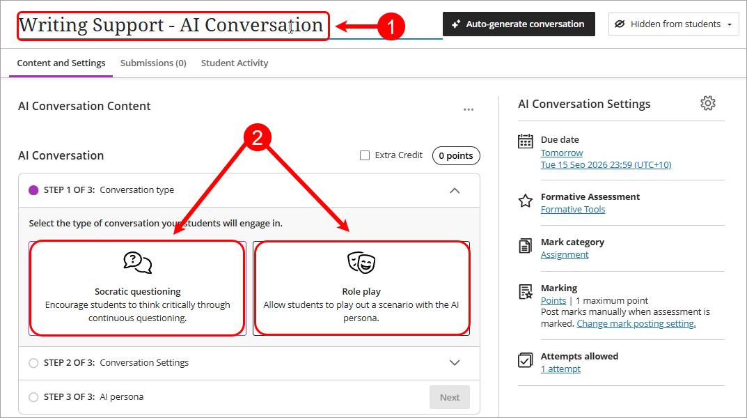 title and conversation options highlighted