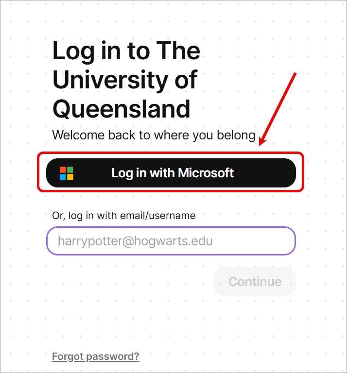 log in with microsoft button highlighted