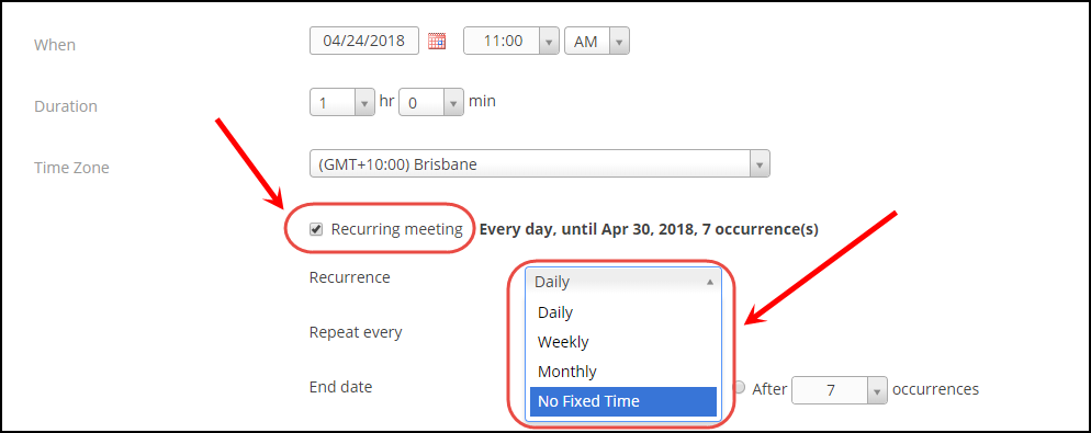 Set Recurring meeting option to No Fixed Time