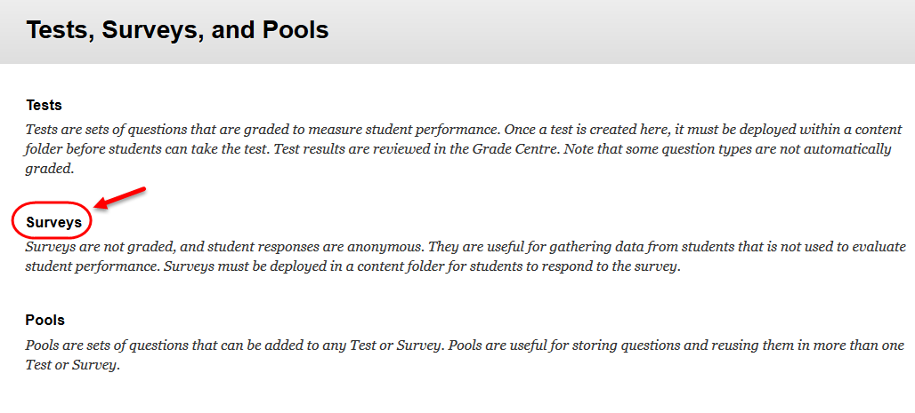 Click on the Tests, Surveys and Pools link.