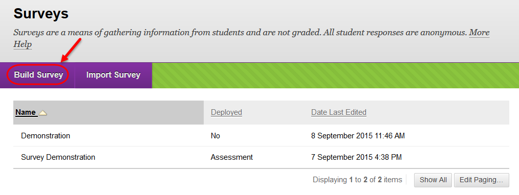 Click on the Build Survey button.