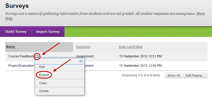 Select Export from drop down list