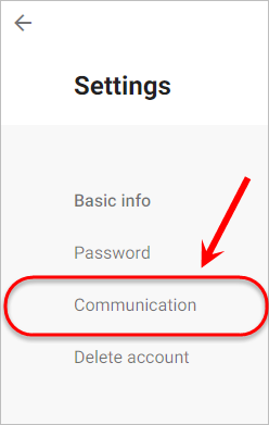 The communication option is highlighted in the side menu