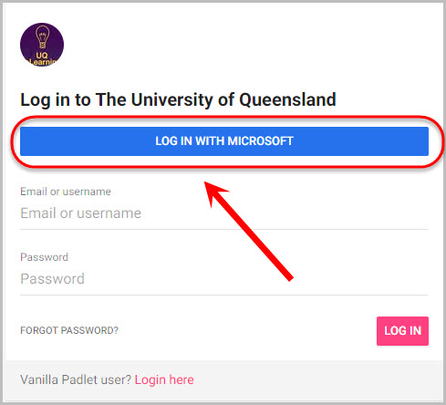 Log in with Microsoft button is highlighted