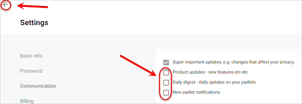 The product updates, daily digest and new padlet notification unchecked checkboxes and back arrow are highlighted