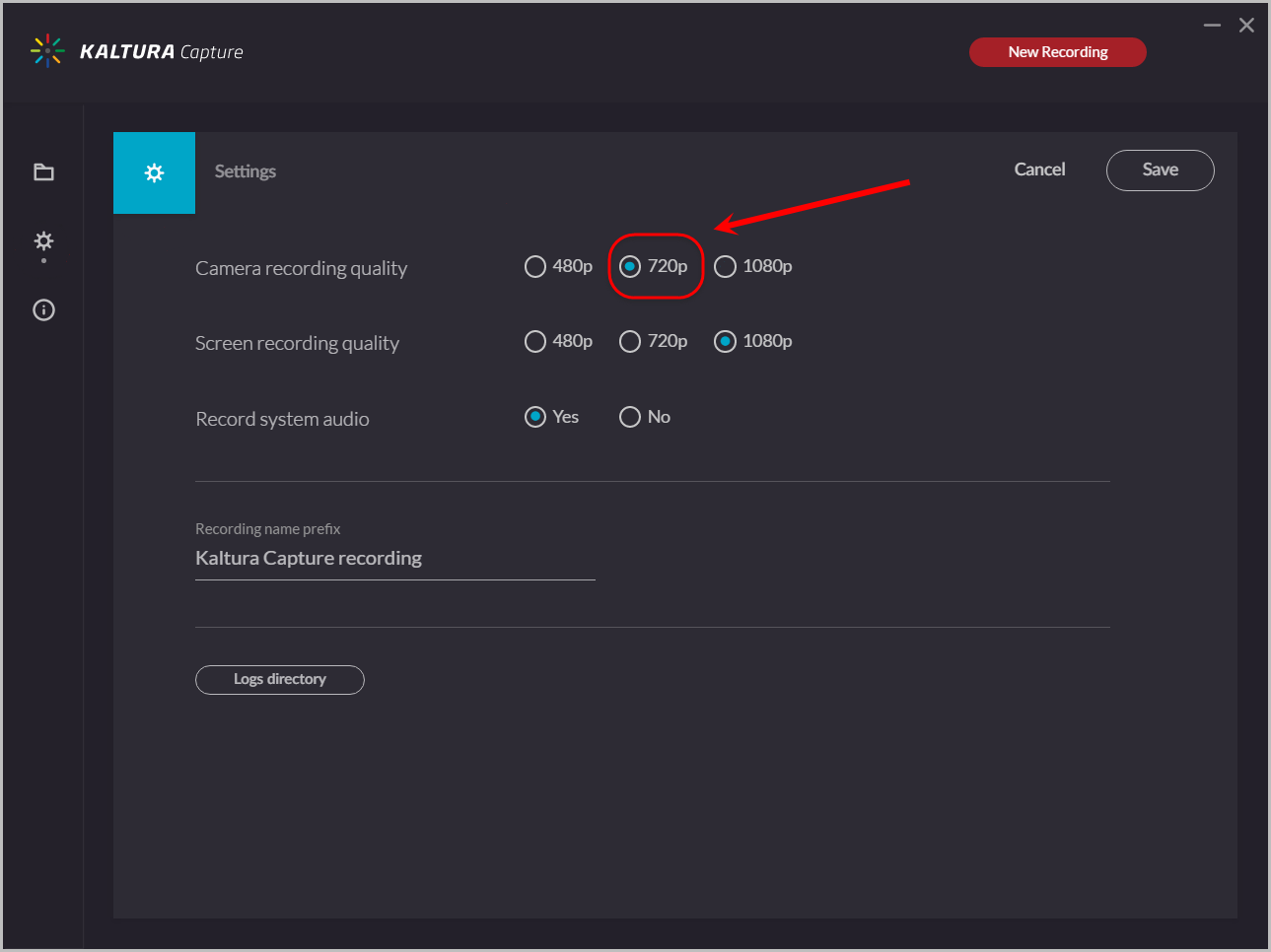 camera recording quality set to 720p