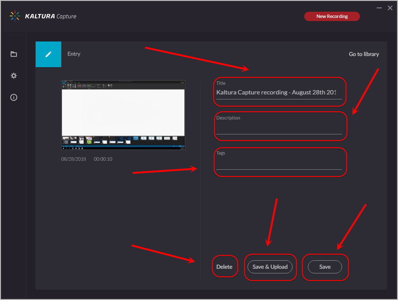 recording entry requirements to title, description, tags with save and upload, save and delete options