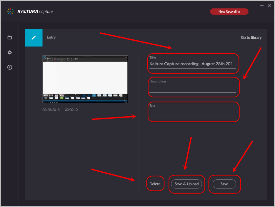 recording entry requirements to title, description, tags with save and upload, save and delete options