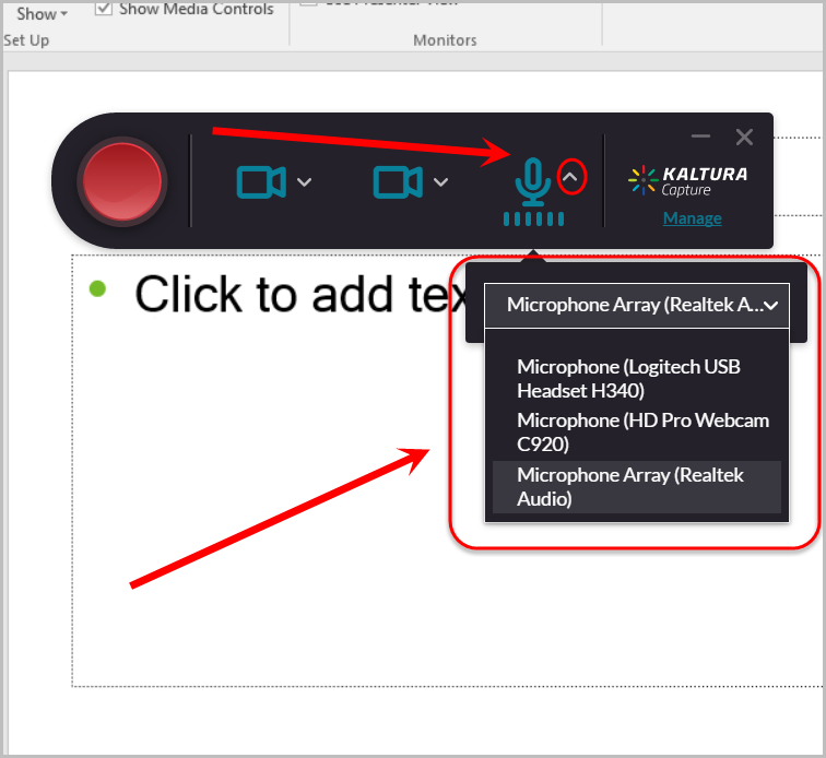 microphone icon and list of available microphones