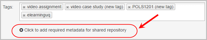 Tags screen with click to add required metadata for shared repository button circled