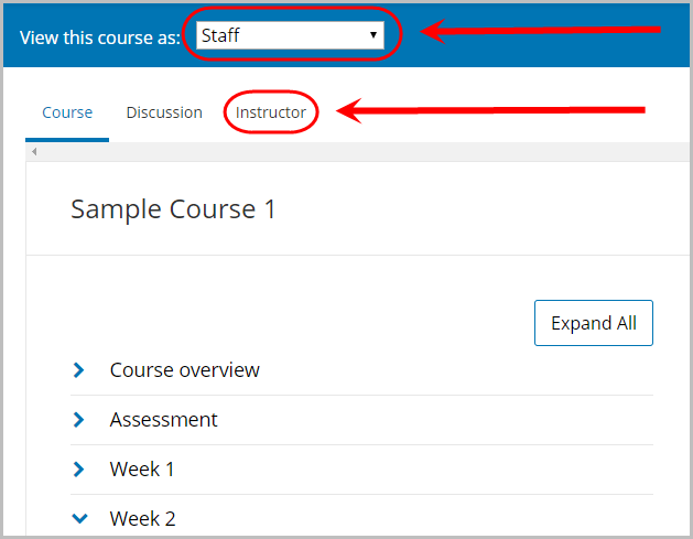 in edx edge, view this course as is set to staff then instructor is selected