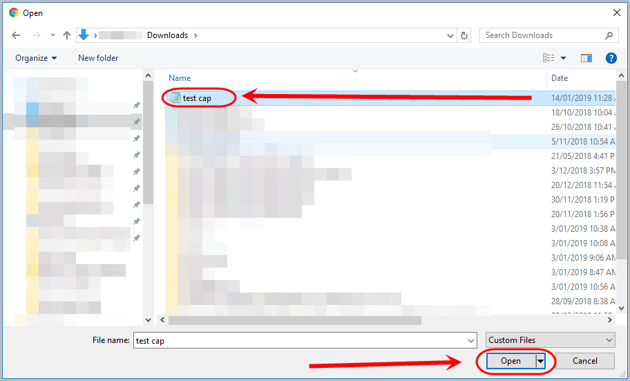 in downloads folder of harddrive, test cap text file selected, open button selected