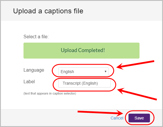 in language drop-down menu, english is selected. Label is titled Transcript (English), save button selected