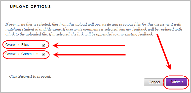 Upload options section with overwrite files and overwrite comments checkboxes ticked and circled.