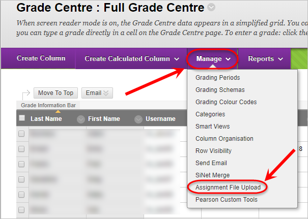 Grade Centre with Manage and Assignment File Upload from the drop down list circled.