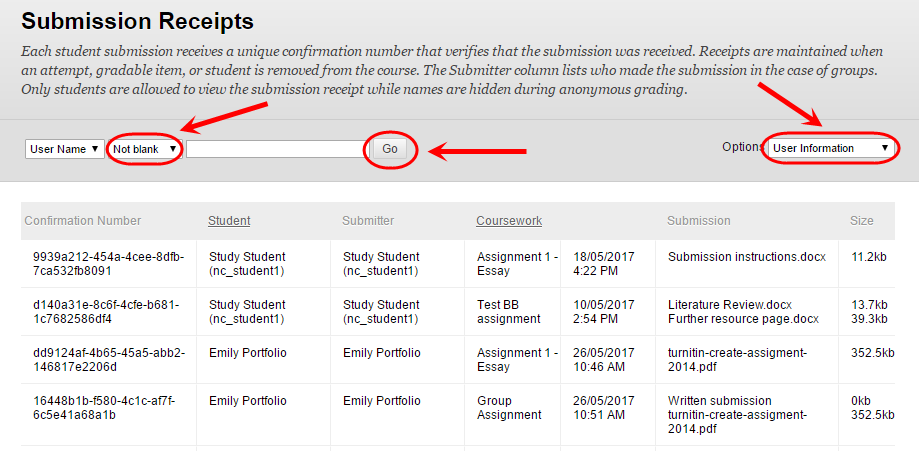 submission receipts search parameters