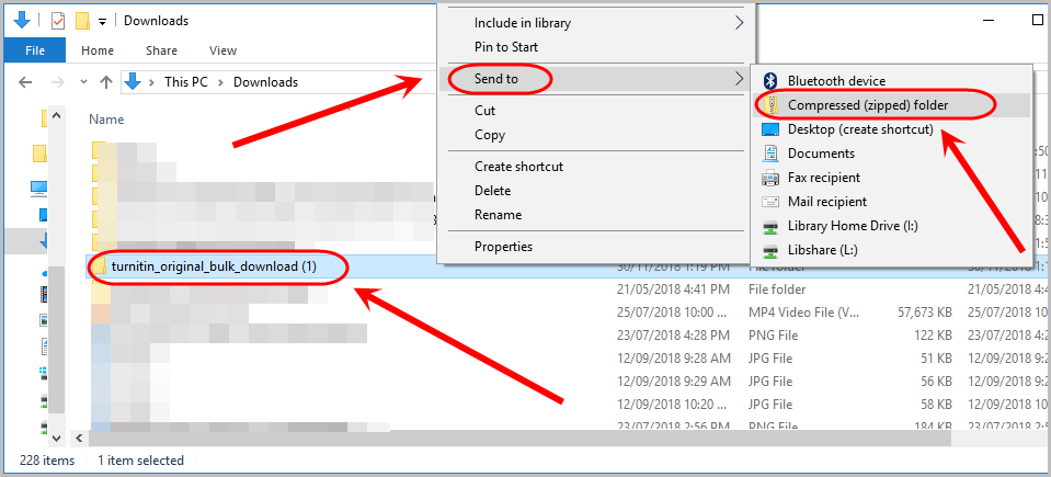 Folder circled with right click pop menu shown. Send to circled and compressed (Zipped) folder circled.
