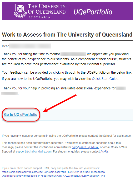 Email with Go to UQ ePortfolio link circled