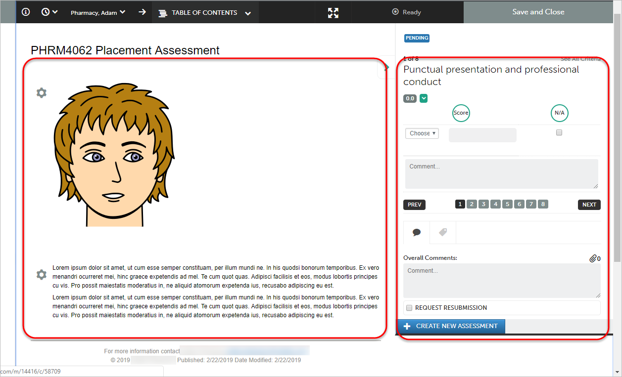 Student work circled on the left and assessment instrument circled on the right