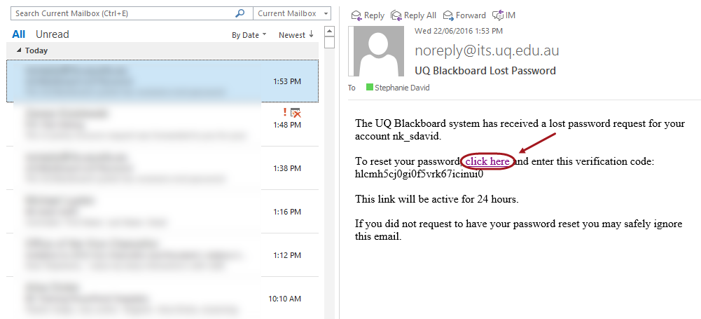 Example email received from Blackboard for password reset