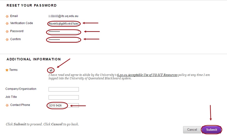 Reset your password screen with required fields circled