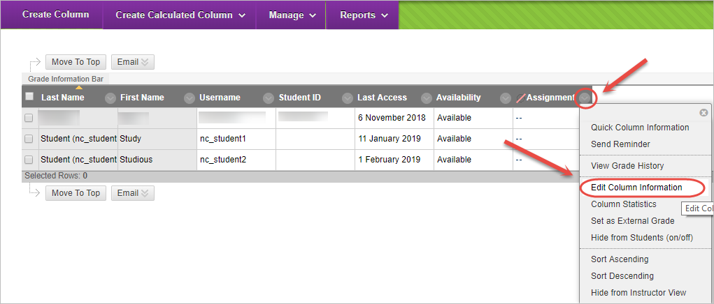 arrow and edit column information