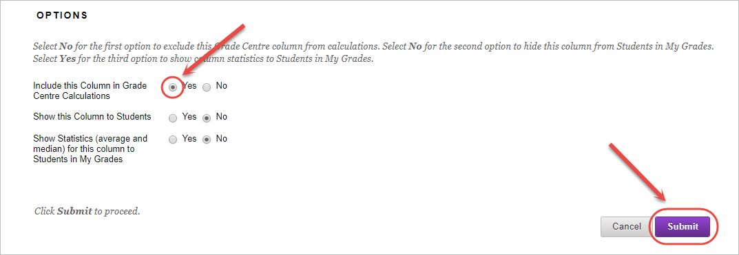 include column in grade centre calculations and submit