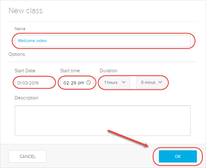 name, start date, start time, duration and OK