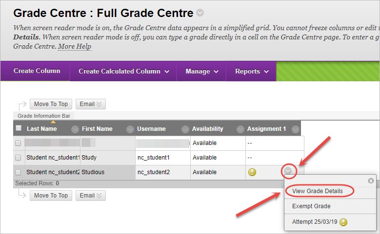 arrow and view grade details