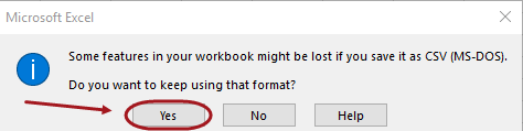 CSV confirmation message with yes circled