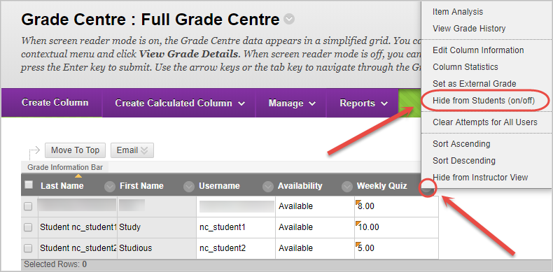 hide from students on or off highlighted