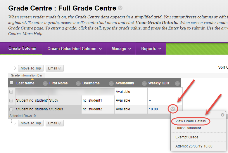 grey arrow and view grade details