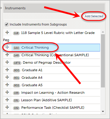Desired assessment instrument circled and the Add Selected button circled.