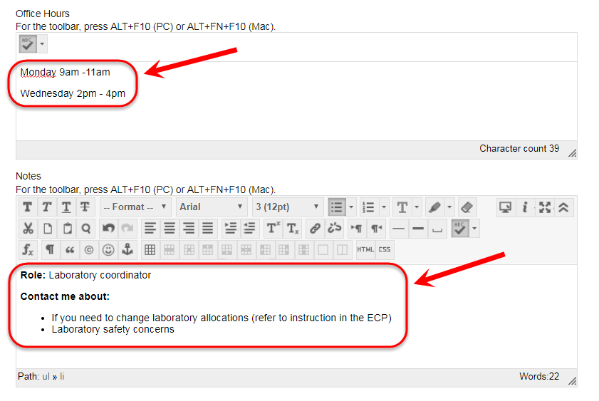 Office hours and notes sections