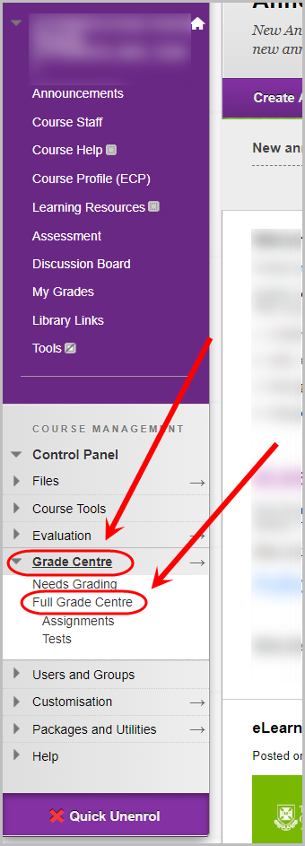 in control panel, grade centre selected, full grade centre selected