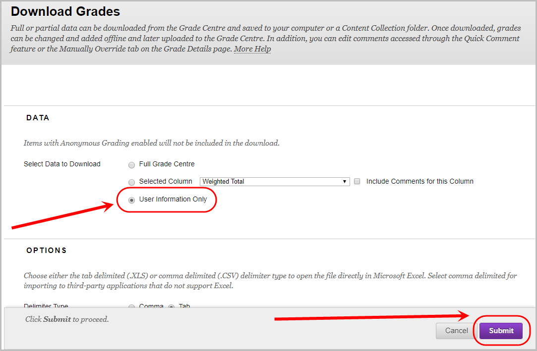 radio button user information only selected, submit button selected