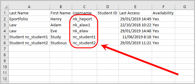 Username column selected in Excel