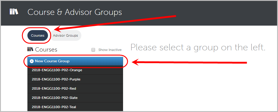 courses tab selected, new course group button selected