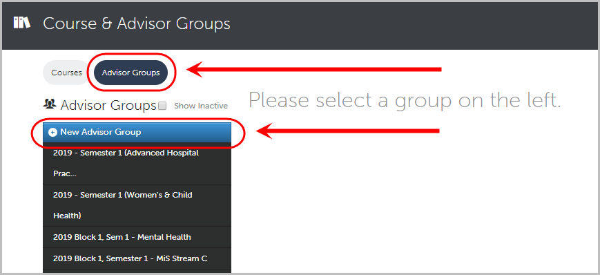 advisor tab selected, new advisor group button selected